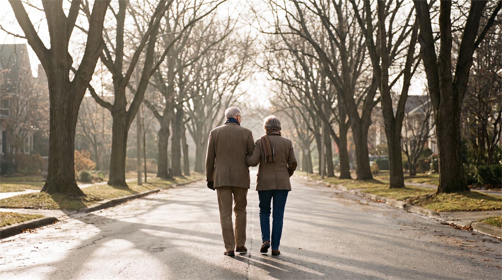 A retired couple walking on a quiet tree-lined street