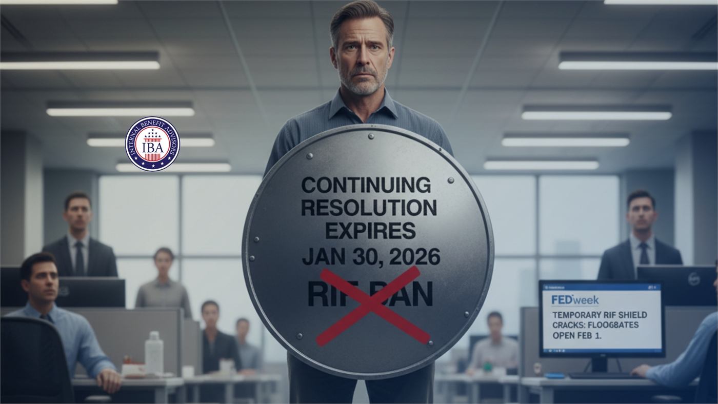 A man in an open-plan office holding a sign reading Continuing Resolution Expires Jan 30 2026, with RIF Plan crossed out in red