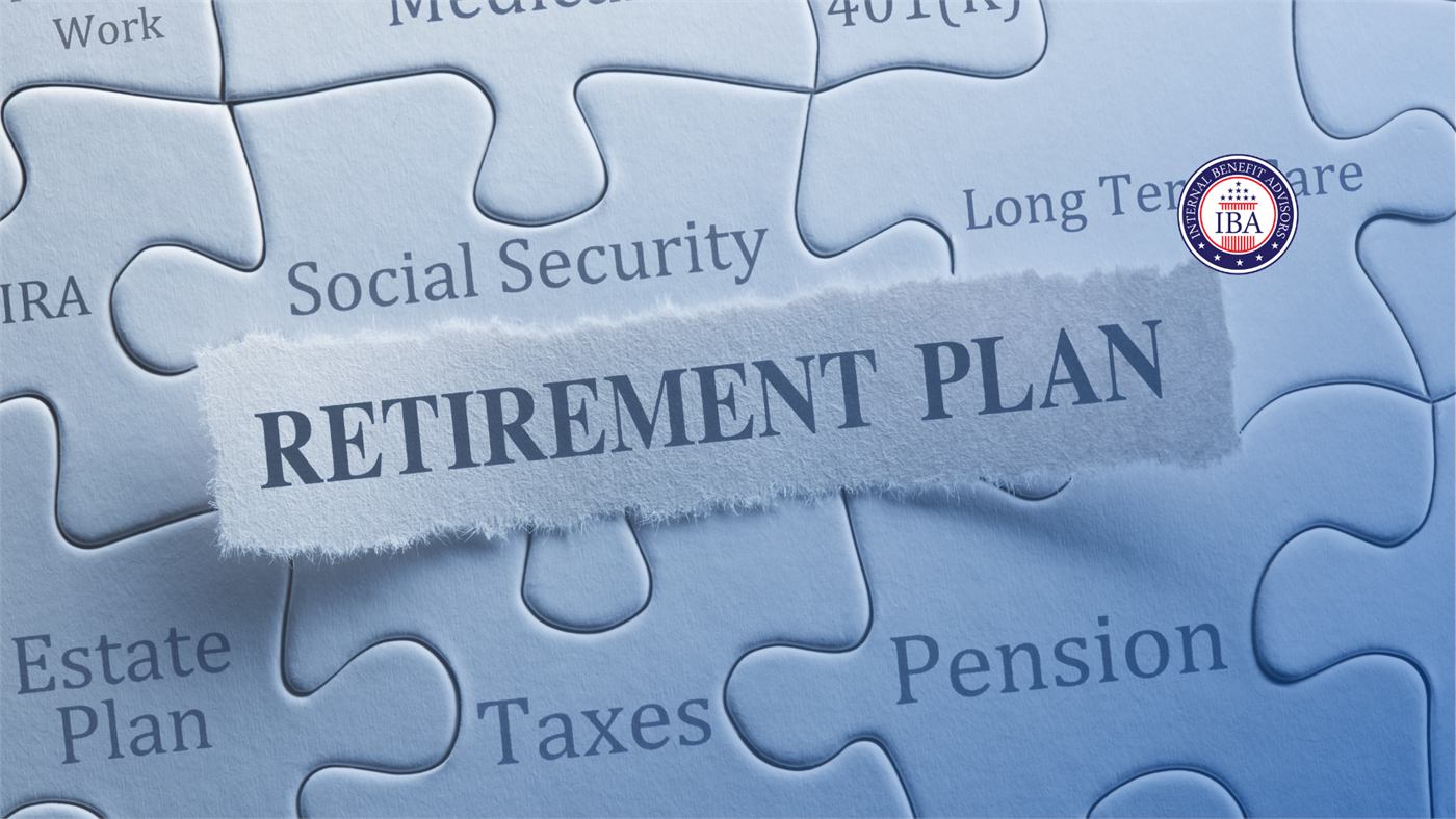 A jigsaw puzzle whose pieces read Social Security, Taxes, Pension, IRA, 401k, Estate Plan and Long Term Care, with a torn paper strip labelled Retirement Plan across the middle