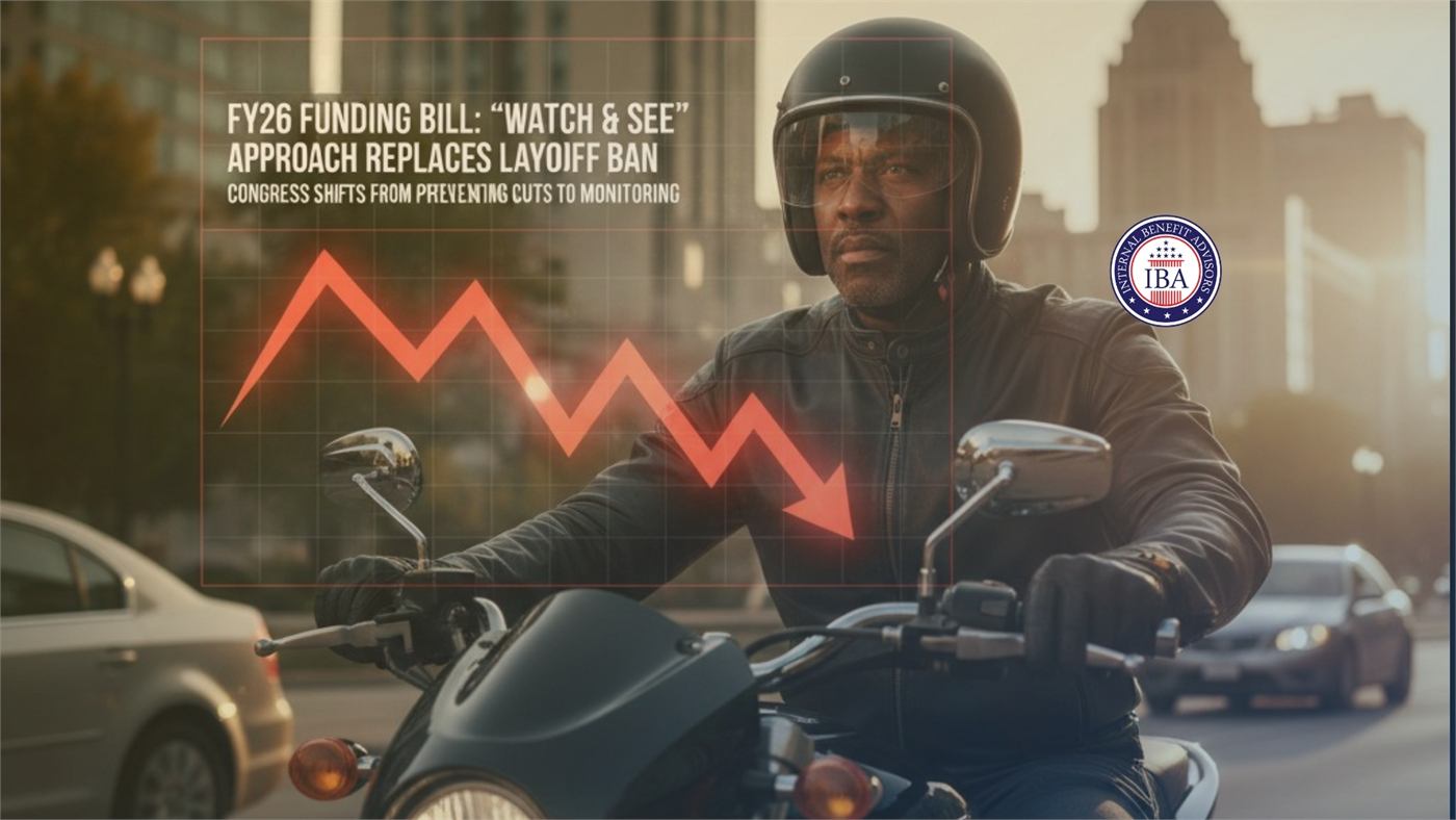 A motorcyclist riding through city traffic, overlaid with a falling red chart line and text about an FY26 funding bill replacing a layoff ban
