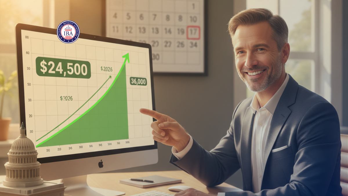 A man in a suit pointing at a monitor showing a rising green growth chart labelled 24,500 dollars, with a model of the Capitol dome and a wall calendar behind him