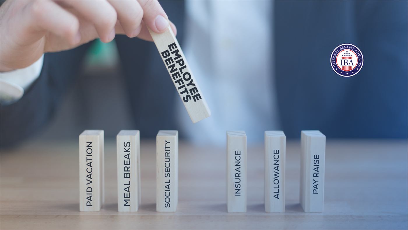 A hand placing a wooden block labelled Employee Benefits at the head of a row of blocks reading Paid Vacation, Meal Breaks, Social Security, Insurance, Allowance and Pay Raise