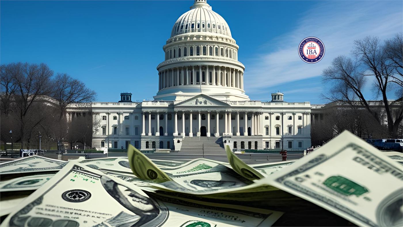 The United States Capitol seen behind a large pile of US hundred dollar bills