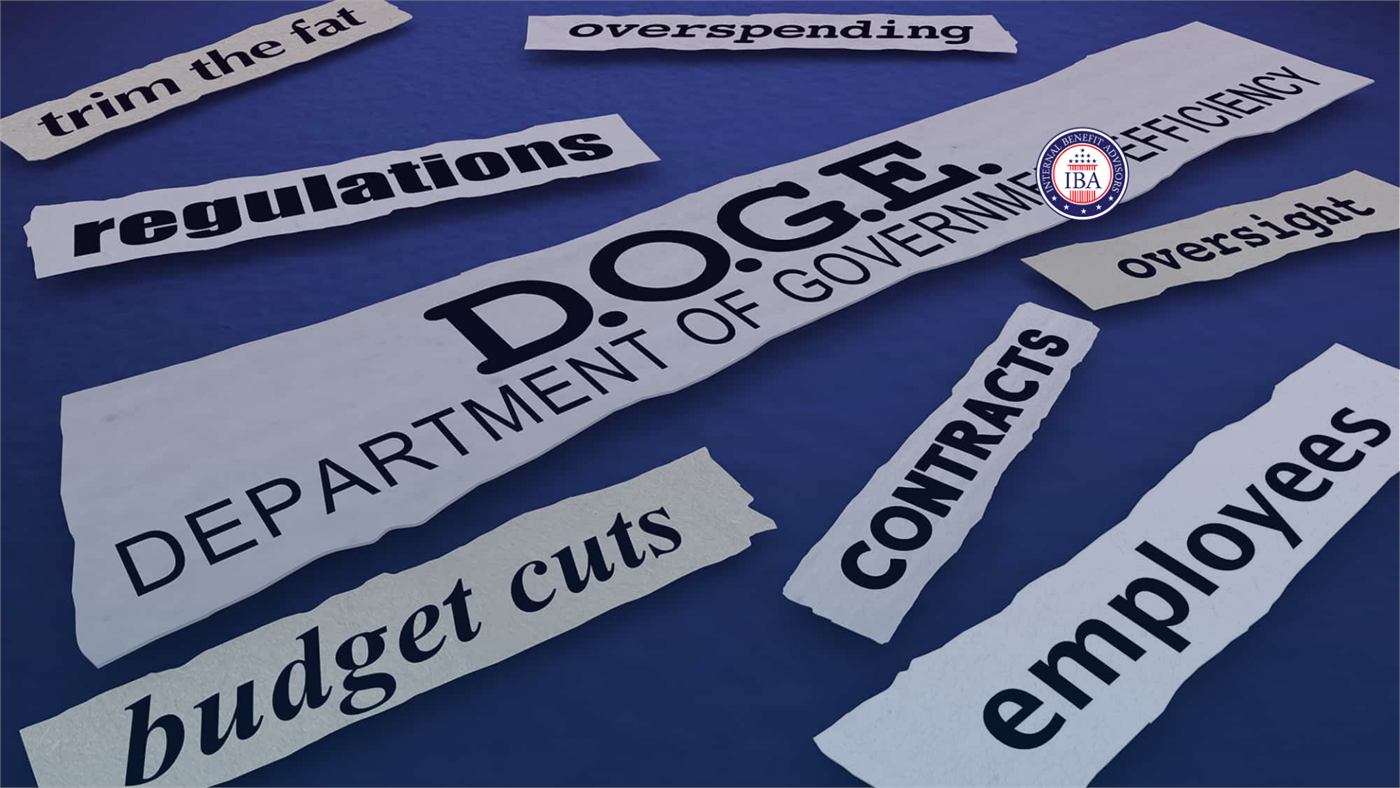 Newspaper cuttings on a blue background reading D.O.G.E. Department of Government Efficiency, budget cuts, regulations, contracts, employees, oversight and overspending