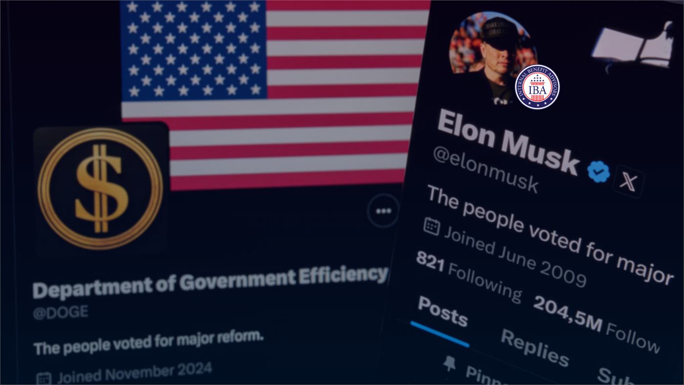 The Department of Government Efficiency account page on X shown beside Elon Musk's account, with an American flag