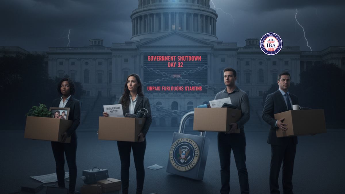 Four office workers holding cardboard boxes of belongings outside the Capitol, with text reading Government Shutdown Day 32 and Unpaid Furloughs Starting