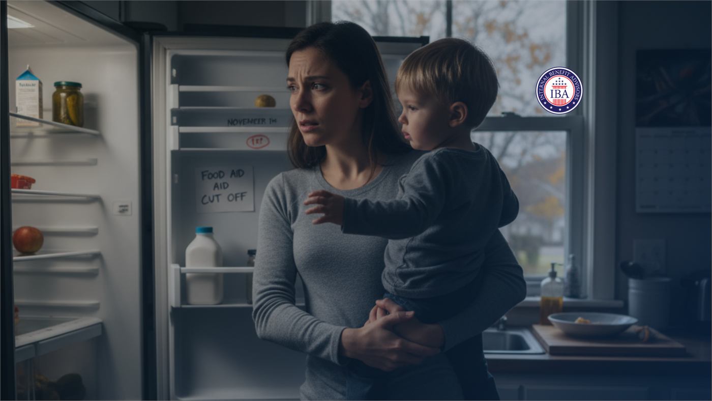 A woman holding a young child while looking into a sparsely stocked open refrigerator