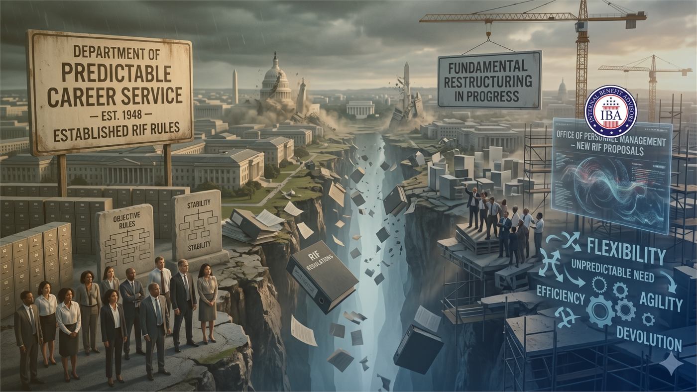 An illustration of cracked stone blocks labelled Department of Predictable Career Service, with panels reading Fundamental Restructuring in Progress, Flexibility, Efficiency, Agility and Devolution