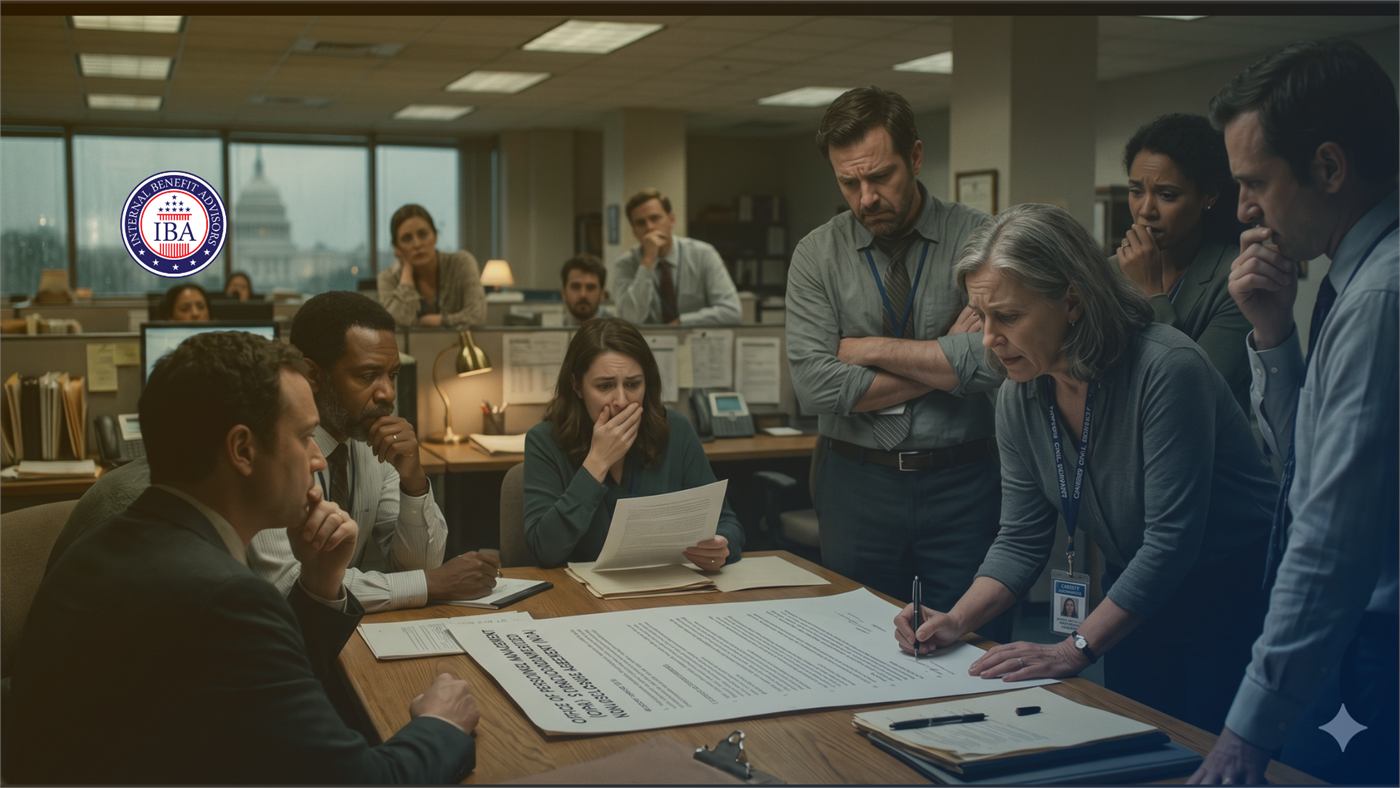 A group of office workers gathered around a desk, studying a signed document with concern