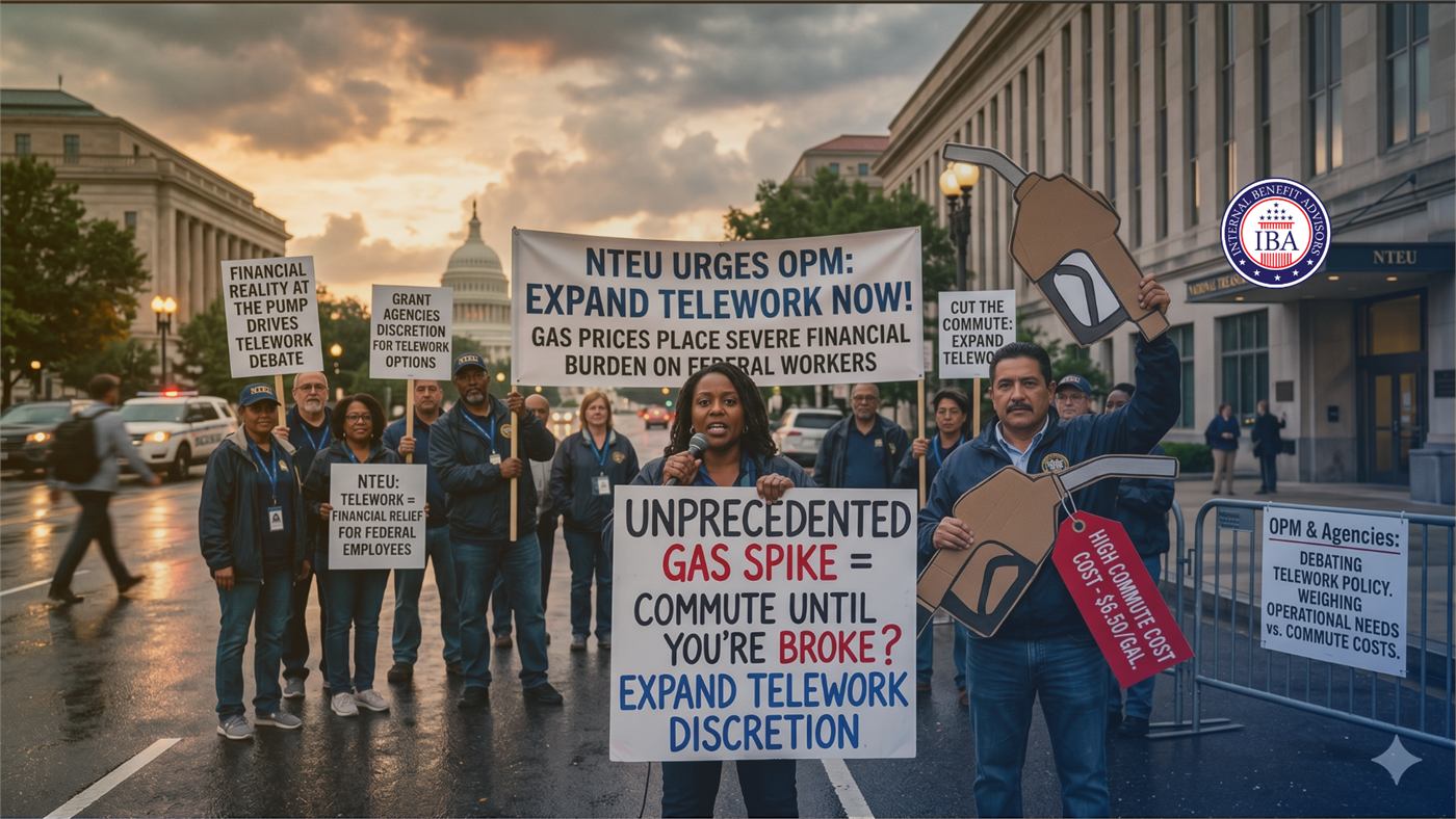 Demonstrators outside a federal building holding signs reading NTEU Urges OPM: Expand Telework Now and Unprecedented Gas Spike, Commute Until You're Broke