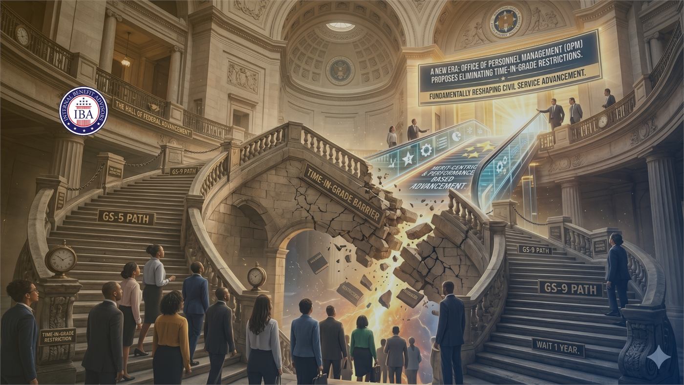 An illustration of a grand federal staircase overlaid with panels about OPM proposing to eliminate time-in-grade restrictions, marked GS-5 Path and GS-9 Path
