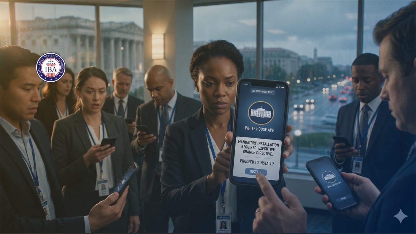 Federal employees on a street looking at a phone showing a notice about mandatory installation of a White House app