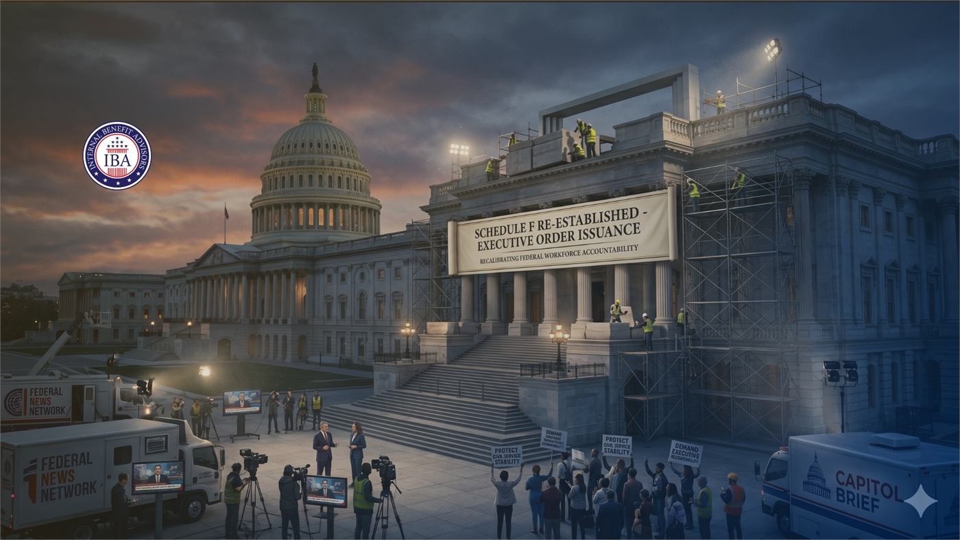 The Capitol under scaffolding at dusk, with a banner reading Schedule F Re-established, Executive Order Issuance