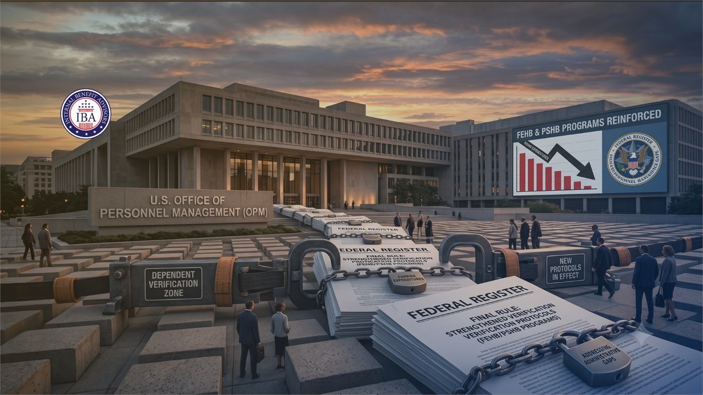 The U.S. Office of Personnel Management building with a chained Federal Register document in the foreground and a falling red chart