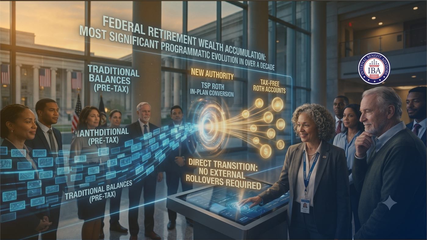 An illustration of federal workers at a lit display headed Federal Retirement Wealth Accumulation, showing traditional pre-tax balances converting to tax-free Roth accounts