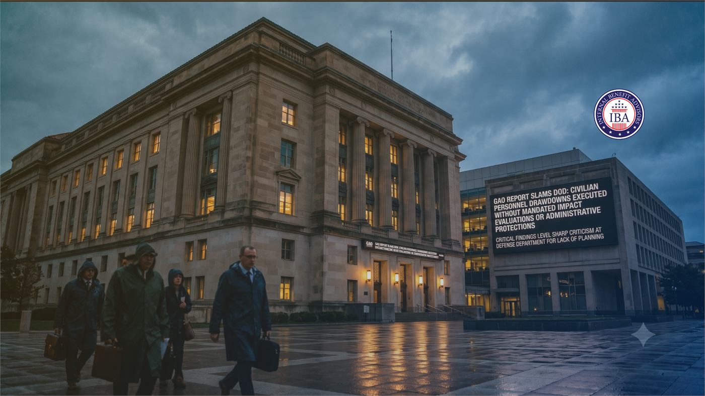 A federal building at dusk overlaid with a notice about a GAO report on civilian personnel and eliminated protections