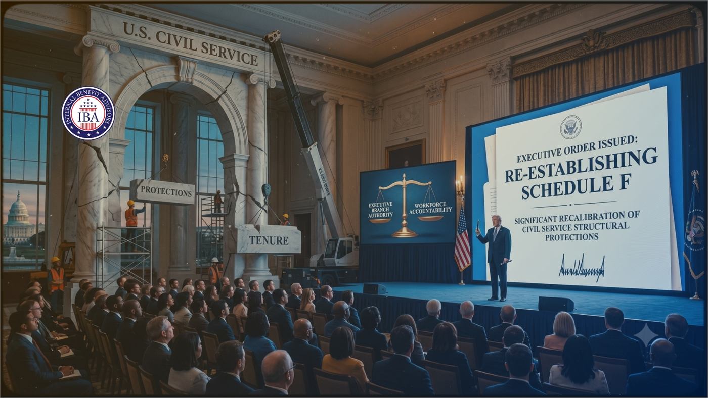 An audience in a hall facing a screen reading Executive Order Issued: Re-establishing Schedule F, beneath a U.S. Civil Service arch