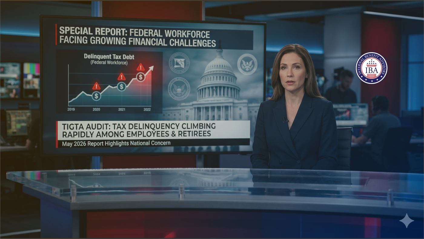 A news presenter at a desk beneath a screen reading Special Report: Federal Workforce Facing Growing Financial Challenges and TIGTA Audit: Tax Delinquency Climbing