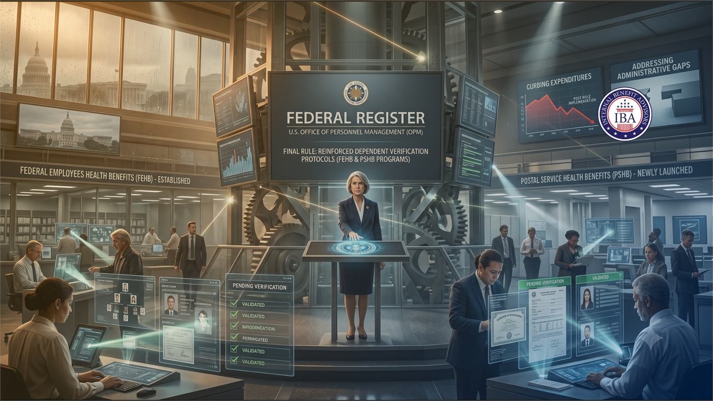 A woman presenting at a screen headed Federal Register, with panels on FEHB and PSHB dependent verification