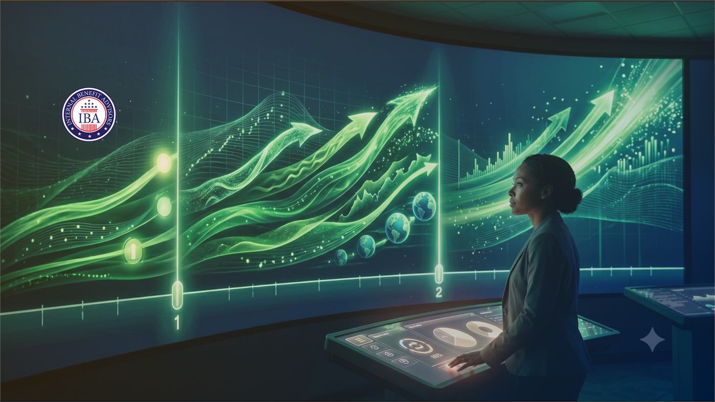 A person standing before a large screen showing rising green growth arrows