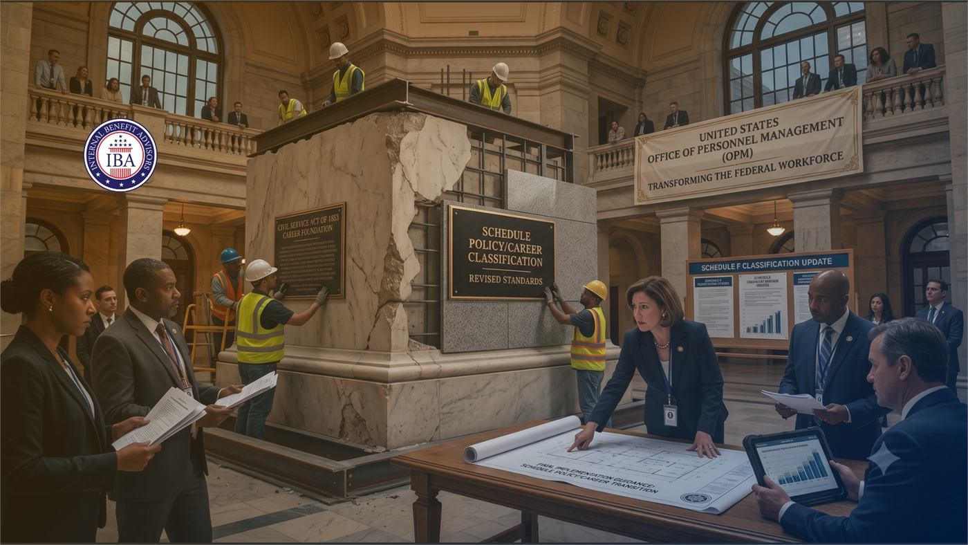 Officials and construction workers around a stone plinth reading Schedule Policy/Career Classification, beneath OPM banners