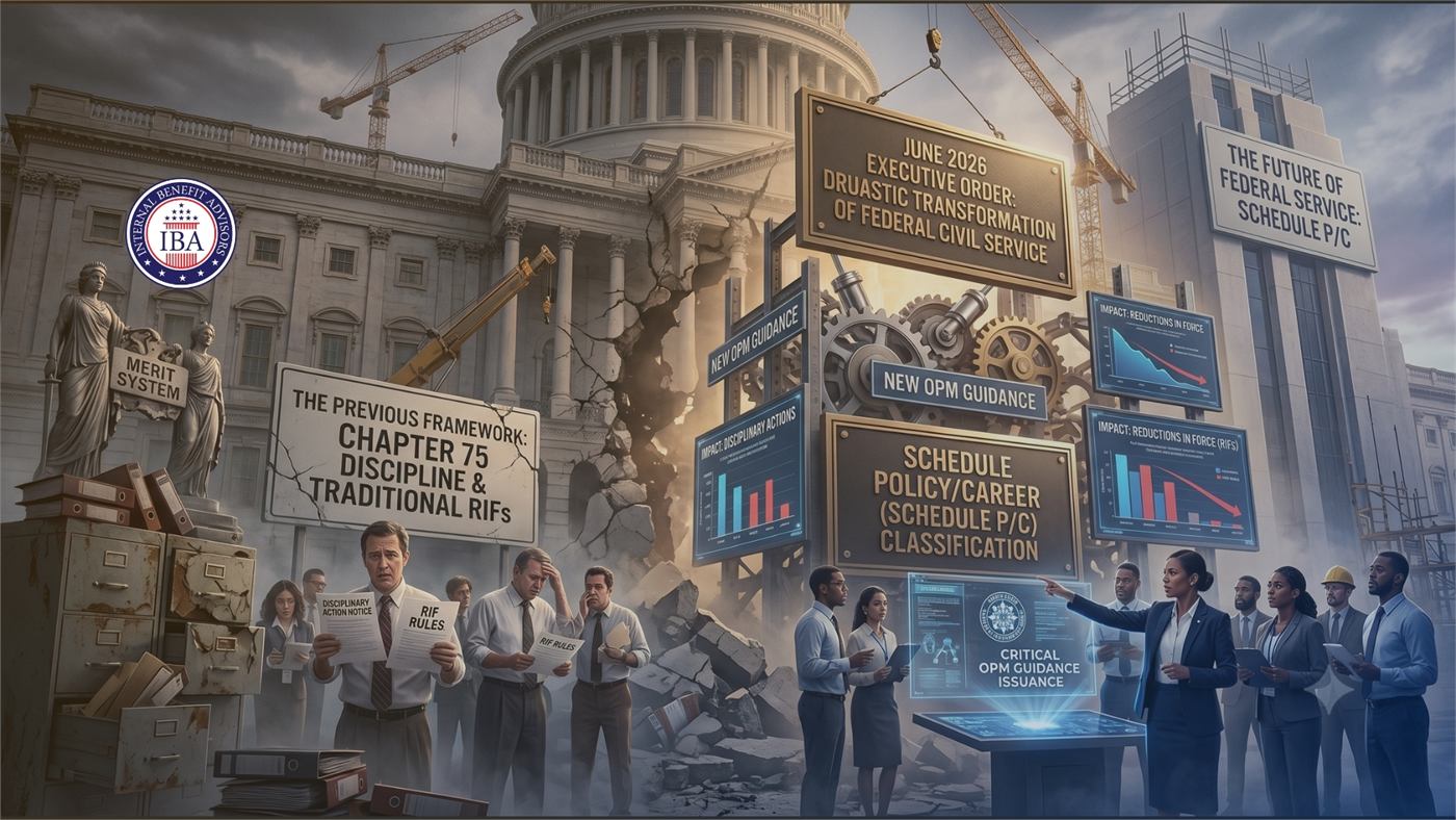 An illustration of classical statuary and rubble beneath banners reading Schedule Policy/Career Classification and The Previous Framework: Chapter 75 Discipline and Traditional RIFs