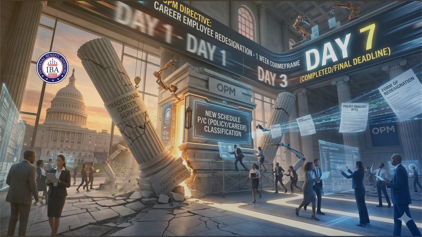 A toppling stone column beside panels marked Day 1, Day 3 and Day 7 for an OPM career employee redesignation deadline