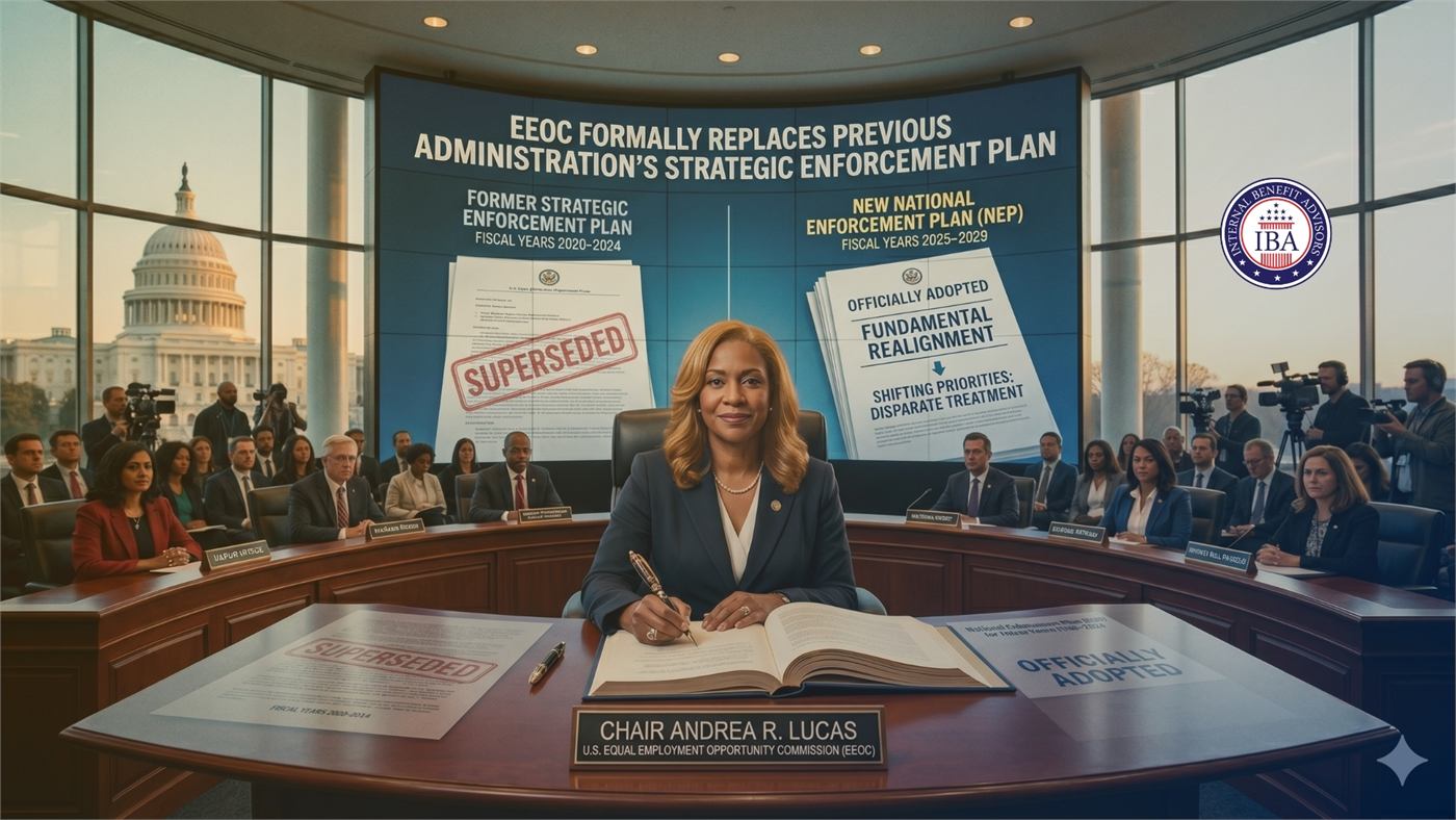 A woman seated at a hearing desk labelled Chair Andrea R. Lucas, beneath a screen reading EEOC Formally Replaces Previous Administration's Strategic Enforcement Plan