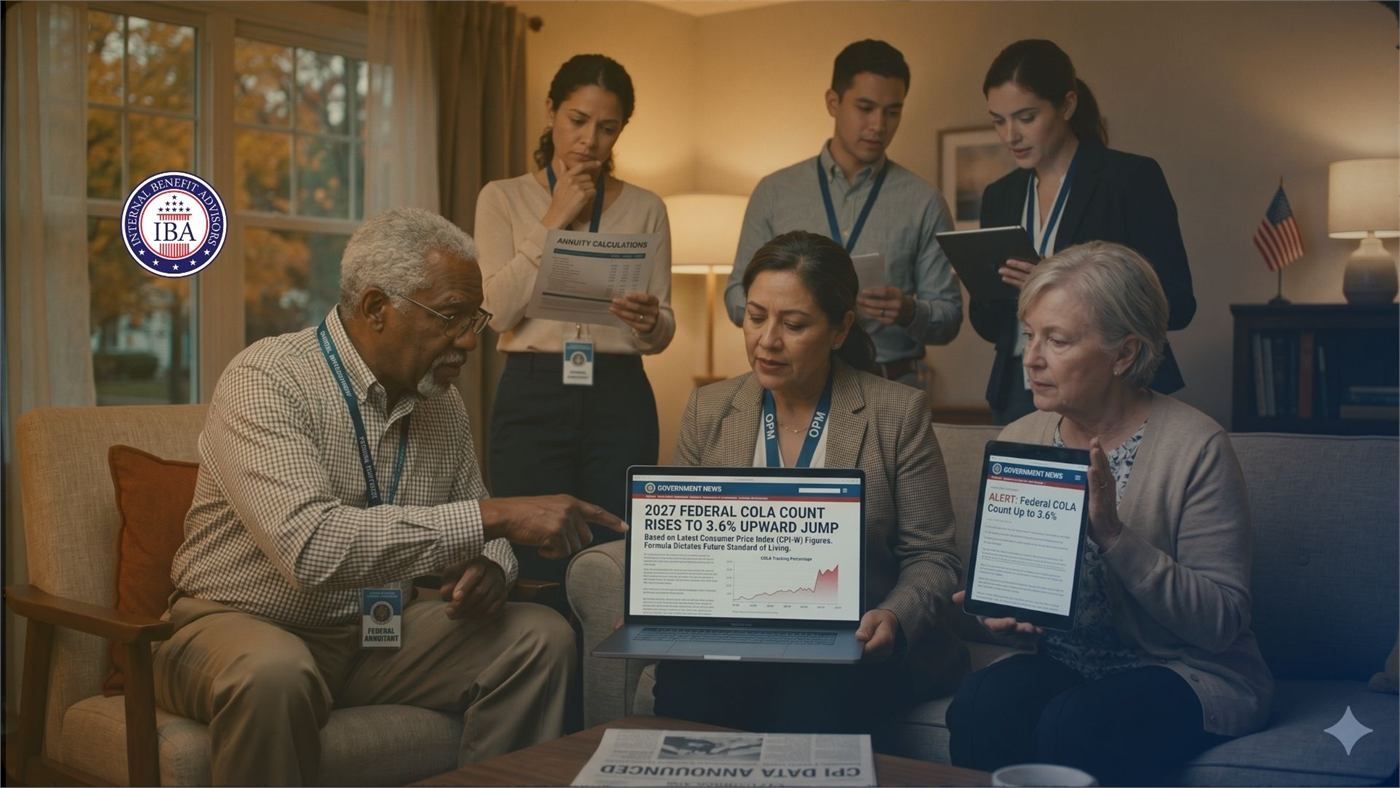 Federal employees gathered around laptops showing a notice that the 2027 federal COLA count has risen to 3.6 percent