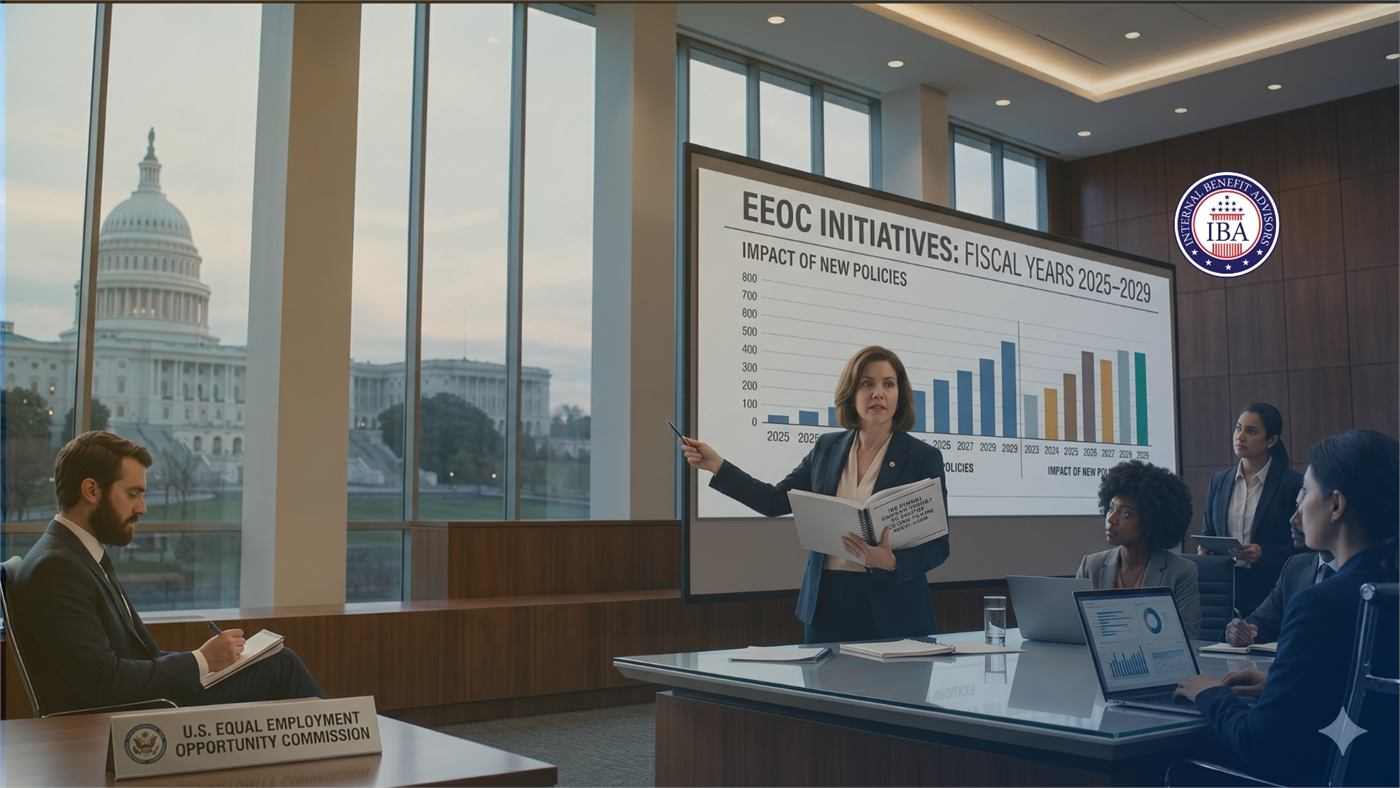 A woman presenting a bar chart headed EEOC Initiatives, Fiscal Years 2025 to 2029, to colleagues in a meeting room