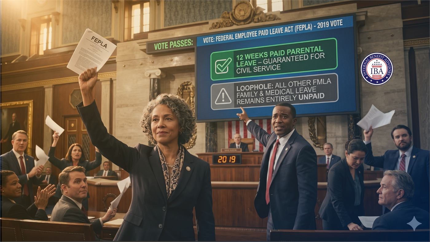 A legislator raising a paper in a chamber beneath a screen reading Vote Passes: Federal Employee Paid Leave Act, twelve weeks paid parental leave guaranteed and all other FMLA leave unpaid