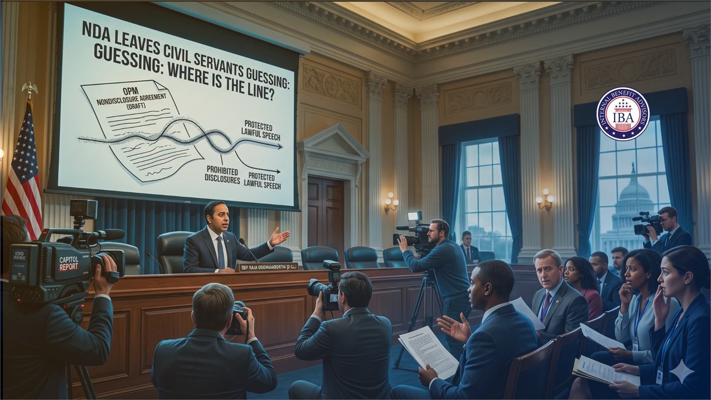 A hearing room with cameras and reporters, beneath a screen reading NDA Leaves Civil Servants Guessing: Where Is the Line?