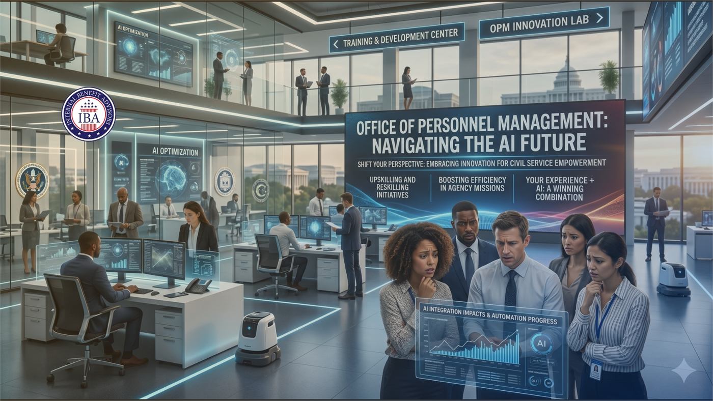 An office scene beneath a banner reading Office of Personnel Management: Navigating the AI Future