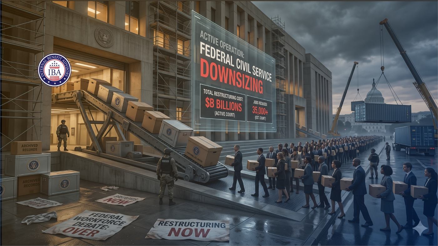 Federal workers filing out of a building past a banner reading Active Operation: Federal Civil Service Downsizing