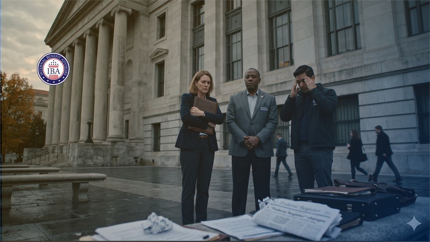 Federal employees standing outside a classical government building in the rain, scattered papers in the foreground