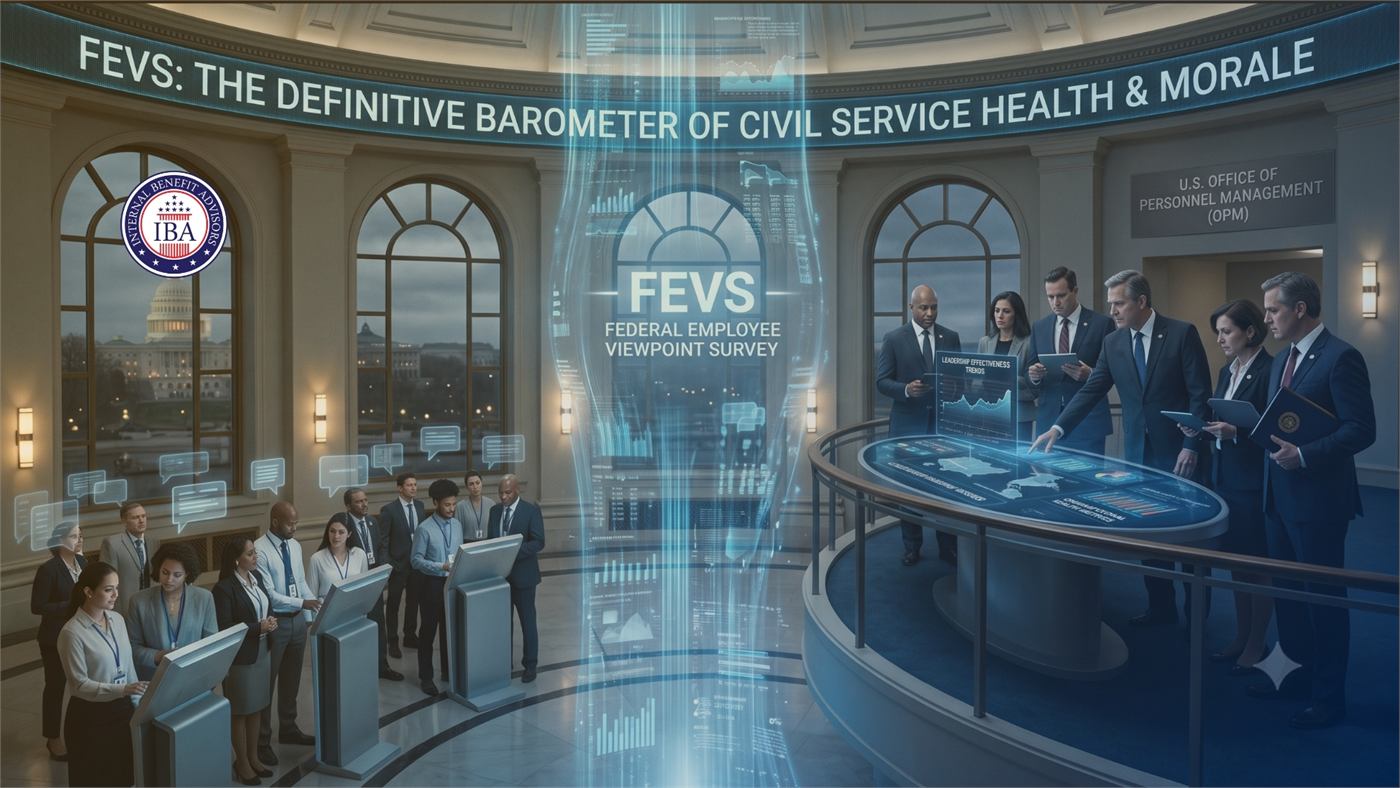 An office illustration beneath a banner reading FEVS: The Definitive Barometer of Civil Service Health and Morale