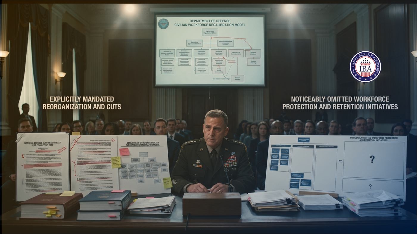 A military officer at a desk before a Department of Defense workforce reorganization chart, with panels reading Explicitly Mandated Reorganization and Cuts and Noticeably Omitted Workforce Protection
