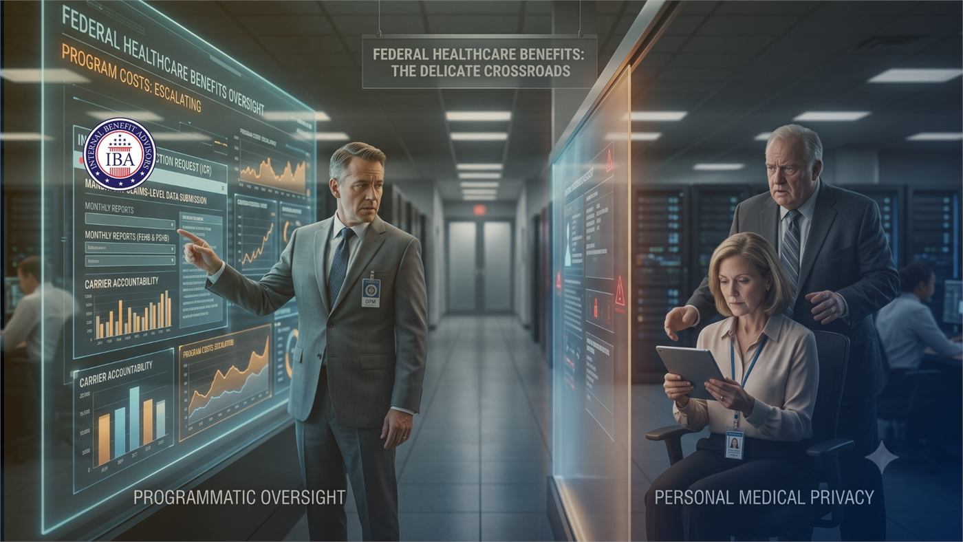 A man and a woman reviewing charts on lit screens in a corridor, labelled Programmatic Oversight and Personal Medical Privacy, under a banner on federal healthcare benefits