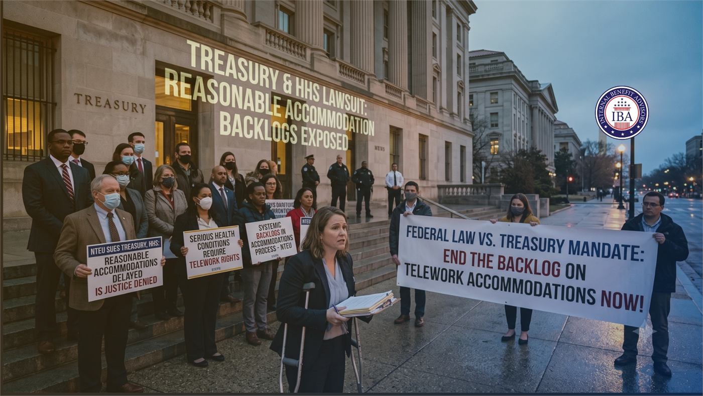 Demonstrators outside a Treasury building holding a banner reading Federal Law vs Treasury Mandate: End the Backlog on Telework Accommodations Now