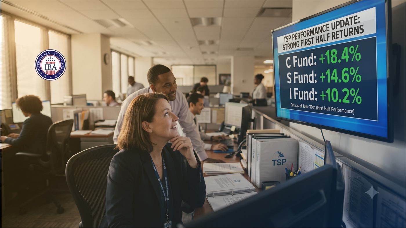 Office workers at a desk beside a screen reading TSP Performance Update, with the C Fund up 18.4 percent, the S Fund up 14.6 percent and the I Fund up 10.2 percent