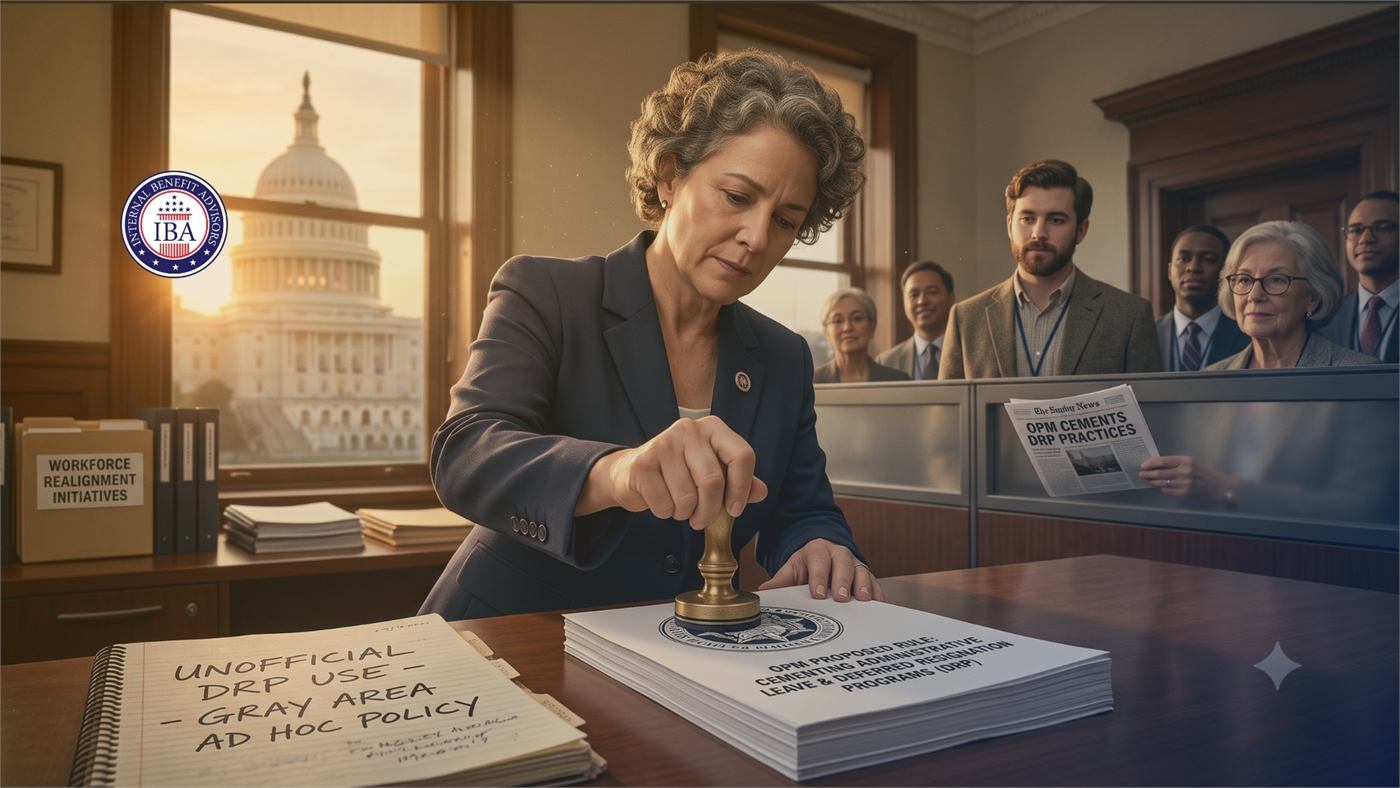 A woman pressing a seal onto a stack of documents at a desk, the Capitol visible through the window and a notebook reading Unofficial DRP Use, Gray Area, Ad Hoc Policy