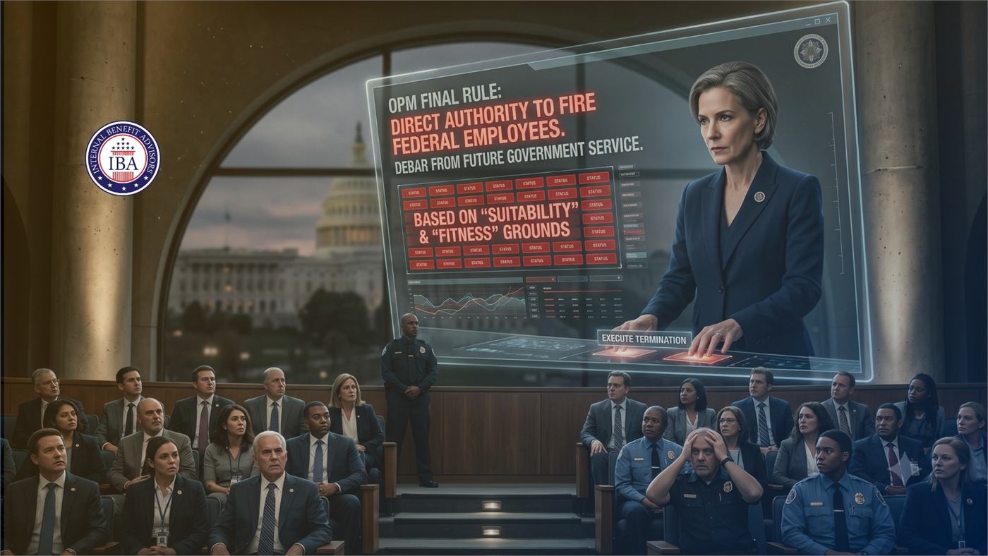 A woman presenting to a seated audience beneath a screen reading OPM Final Rule: Direct Authority to Fire Federal Employees, Based on Suitability and Fitness Grounds