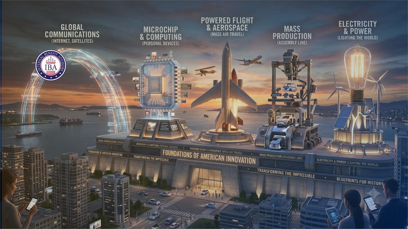 An illustration of American innovations — global communications, microchips, powered flight, mass production and electricity — above a city skyline