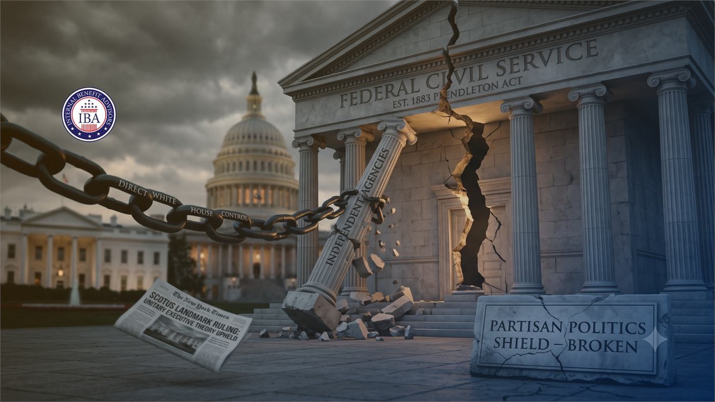 A cracked federal building facade with a broken chain and banners reading Federal Civil Service, Pendleton Act and Partisan Politics Shield Broken