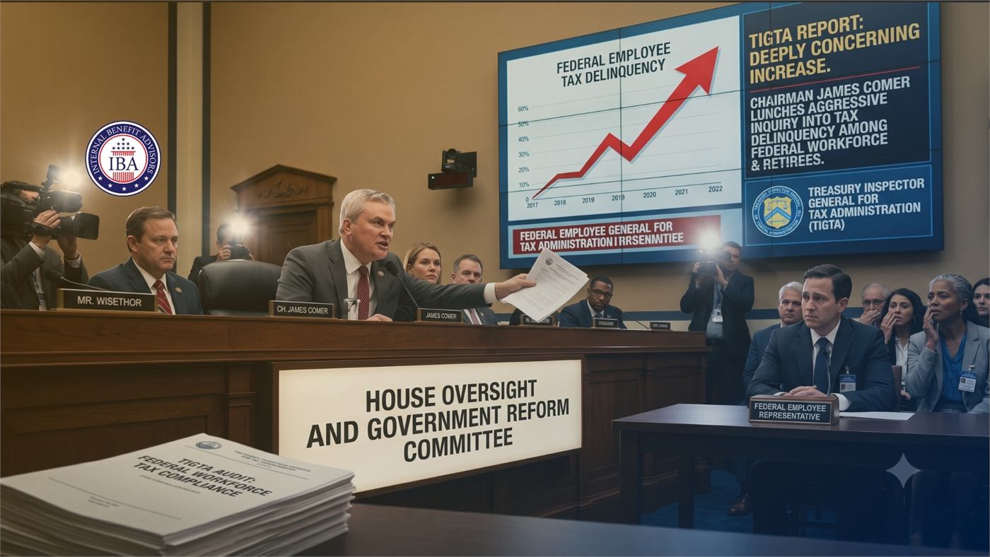 A congressional hearing before the House Oversight and Government Reform Committee, with a screen reading TIGTA Report: Deeply Concerning Increase in federal employee tax delinquency