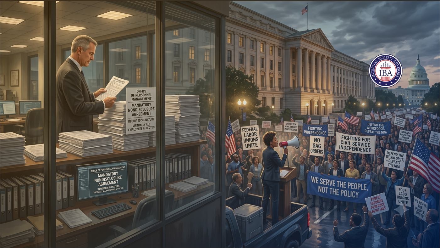 A man reading documents at an office window while demonstrators outside hold signs reading We Serve the People, Not the Policy