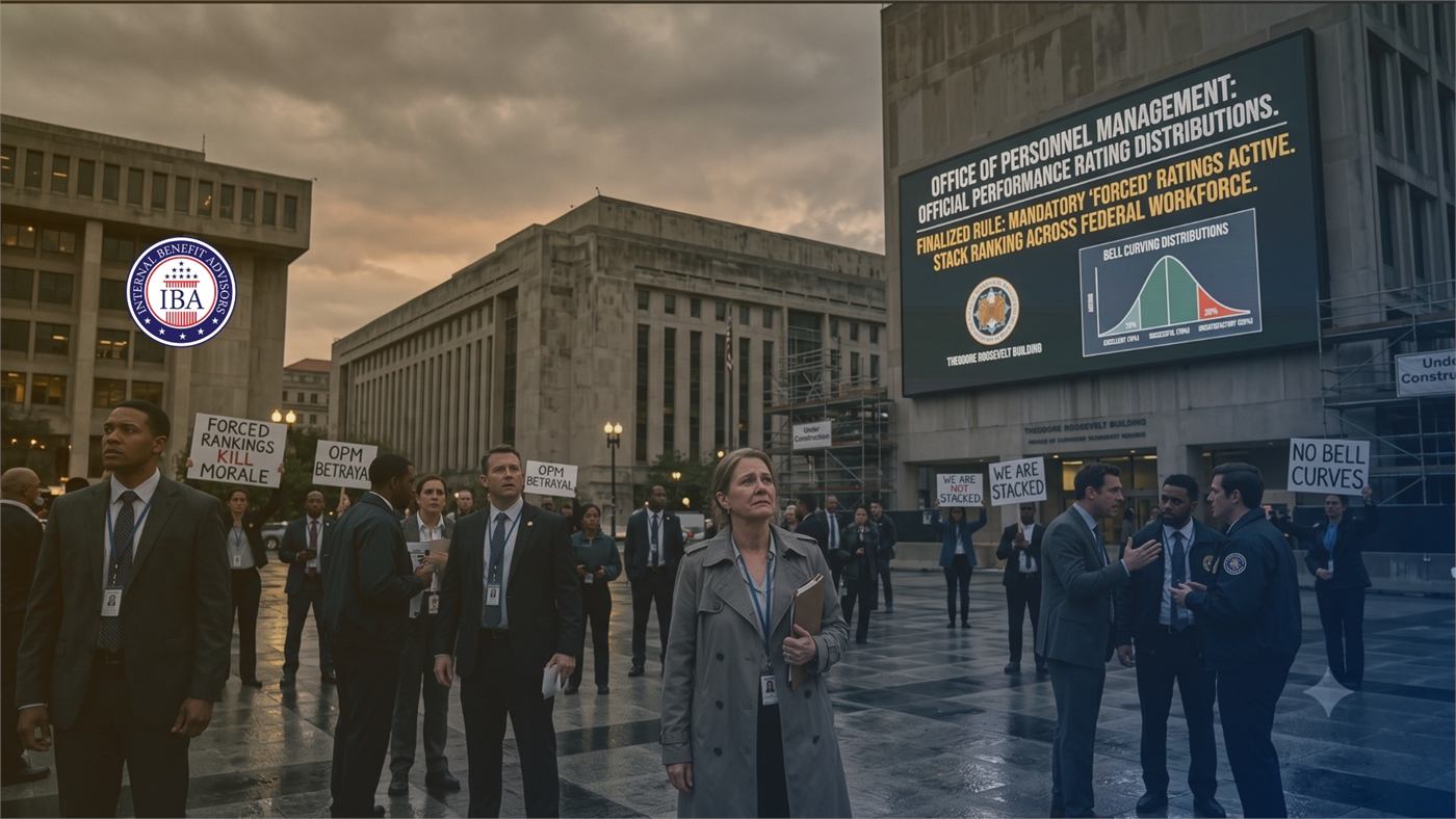 Federal employees outside a government building beneath a screen about OPM mandating forced performance rating distributions