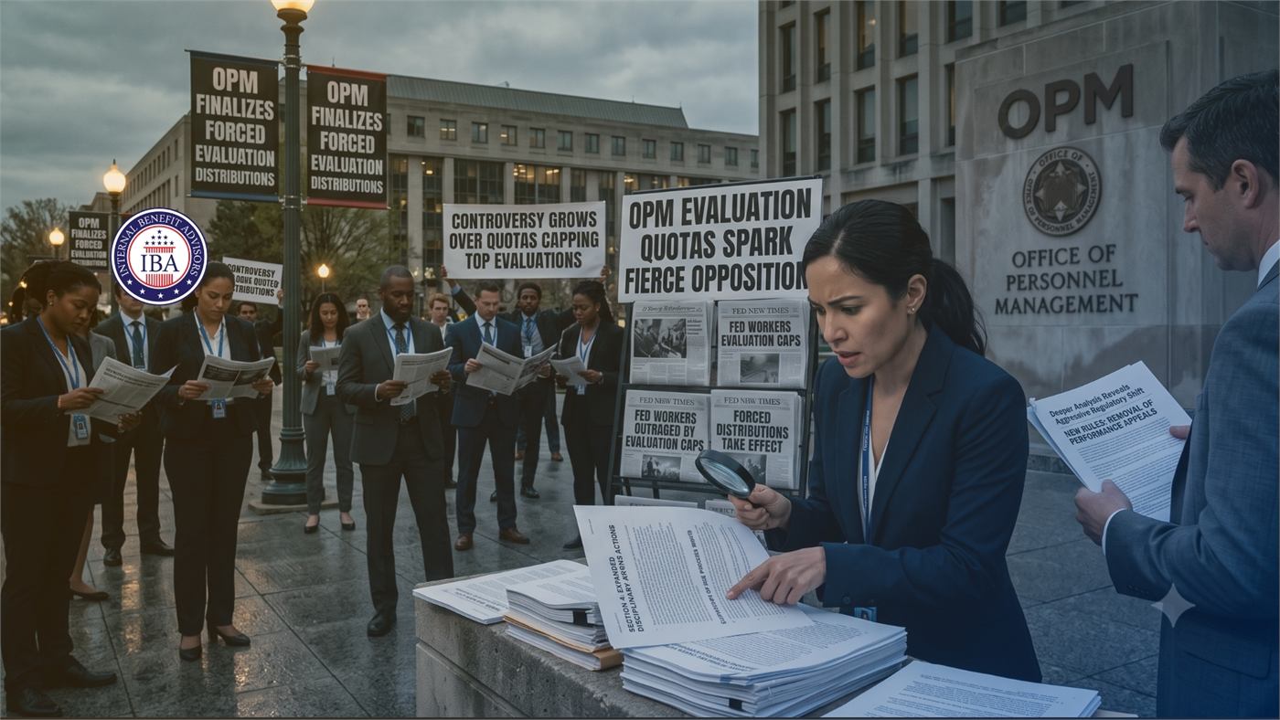 A woman reviewing papers at a desk outside an Office of Personnel Management building, beside signs about forced evaluation distributions and quotas capping top evaluations
