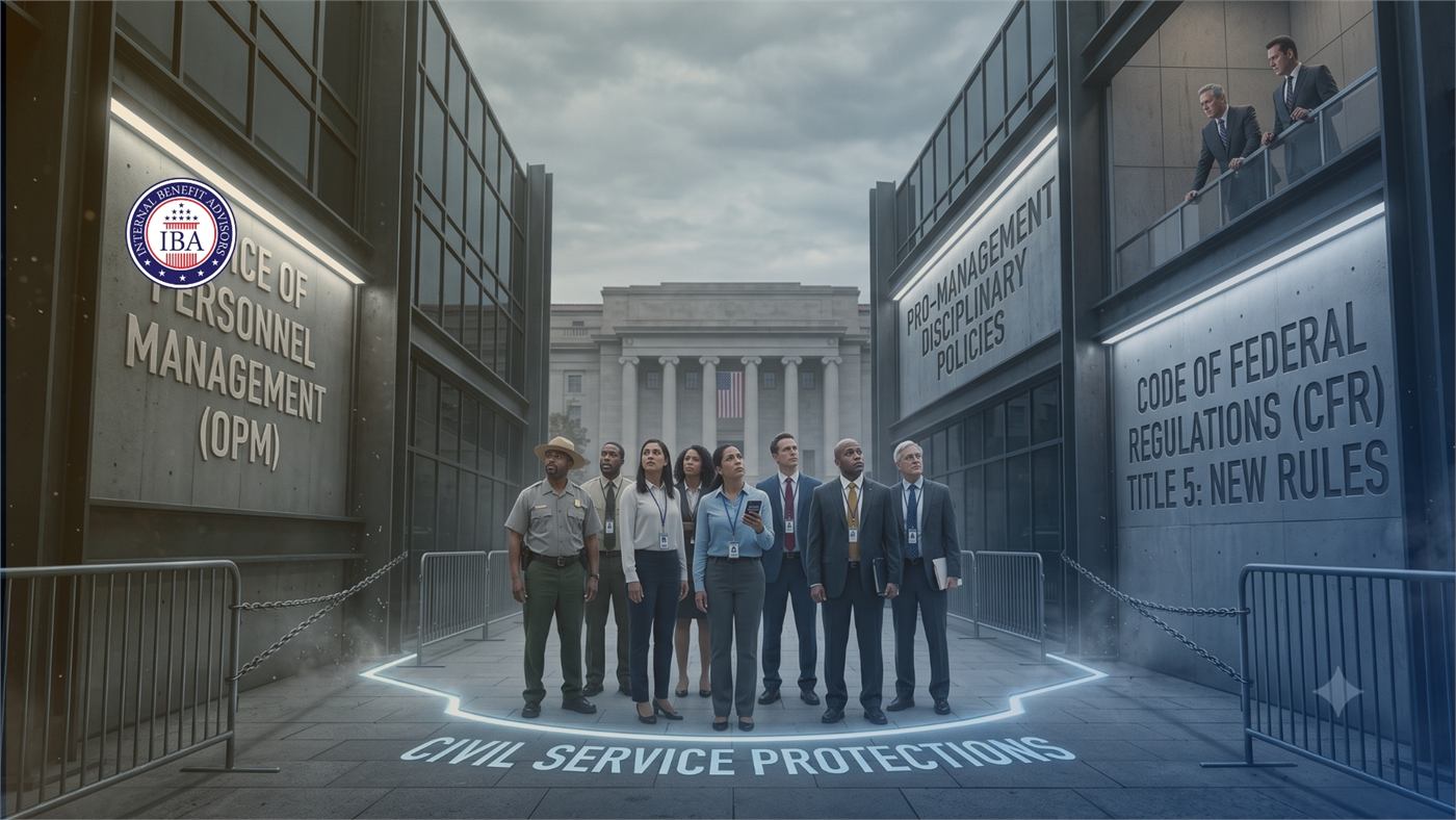Federal employees standing in a lit circle marked Civil Service Protections outside the Office of Personnel Management, beside panels on new Code of Federal Regulations Title 5 rules