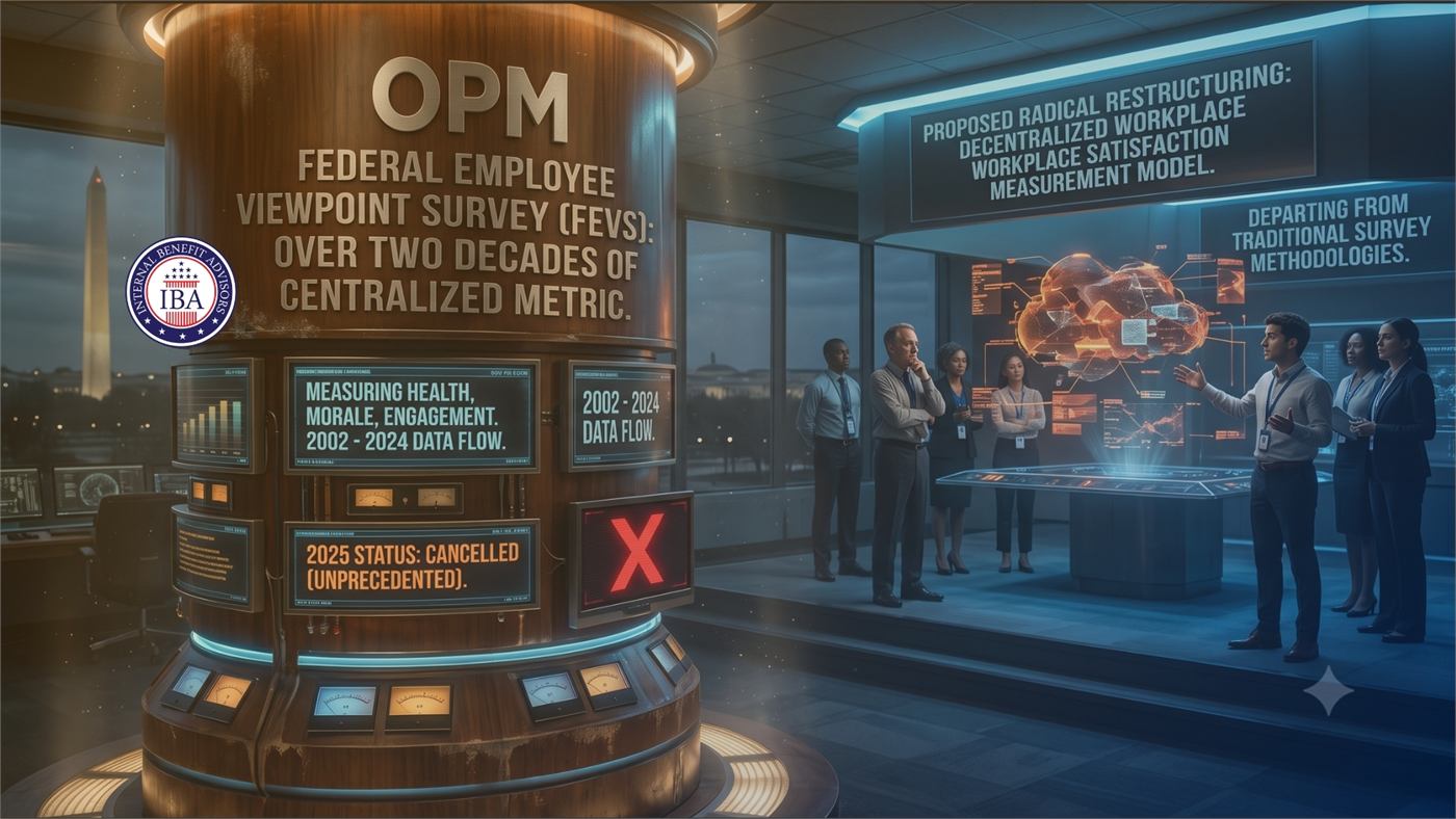 An illustration of an OPM display reading Federal Employee Viewpoint Survey: Over Two Decades of Centralized Metric, with the 2025 status marked cancelled